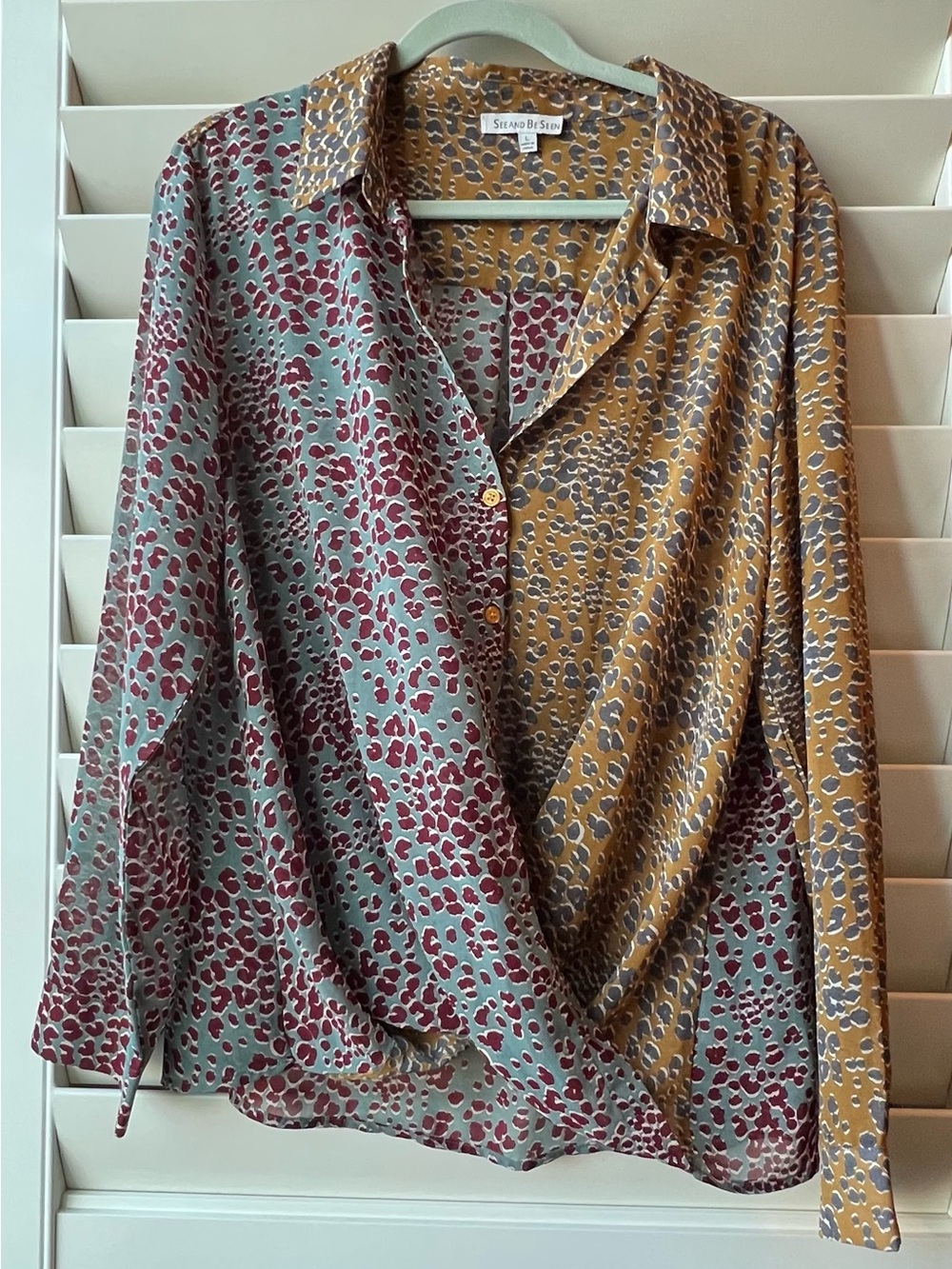 See and Be Seen L Silky Leopard Print Button-Up Shirt in Sage/Burgundy/Mustard